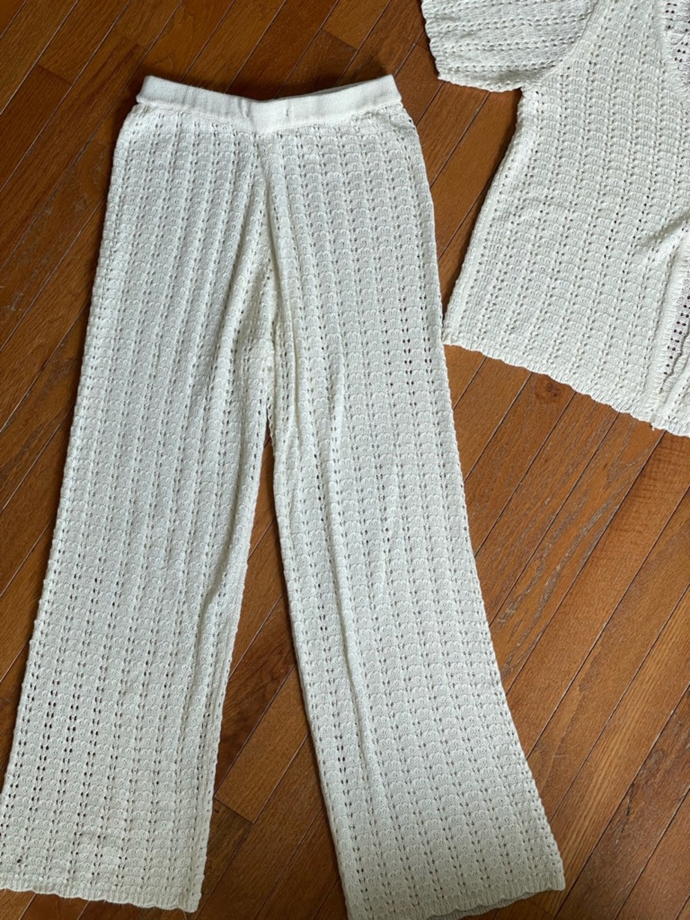 Cream Knit Set Pant Button Top Lounge Set Size M Vacation Classic Euro Summer - Picture 3 of 8